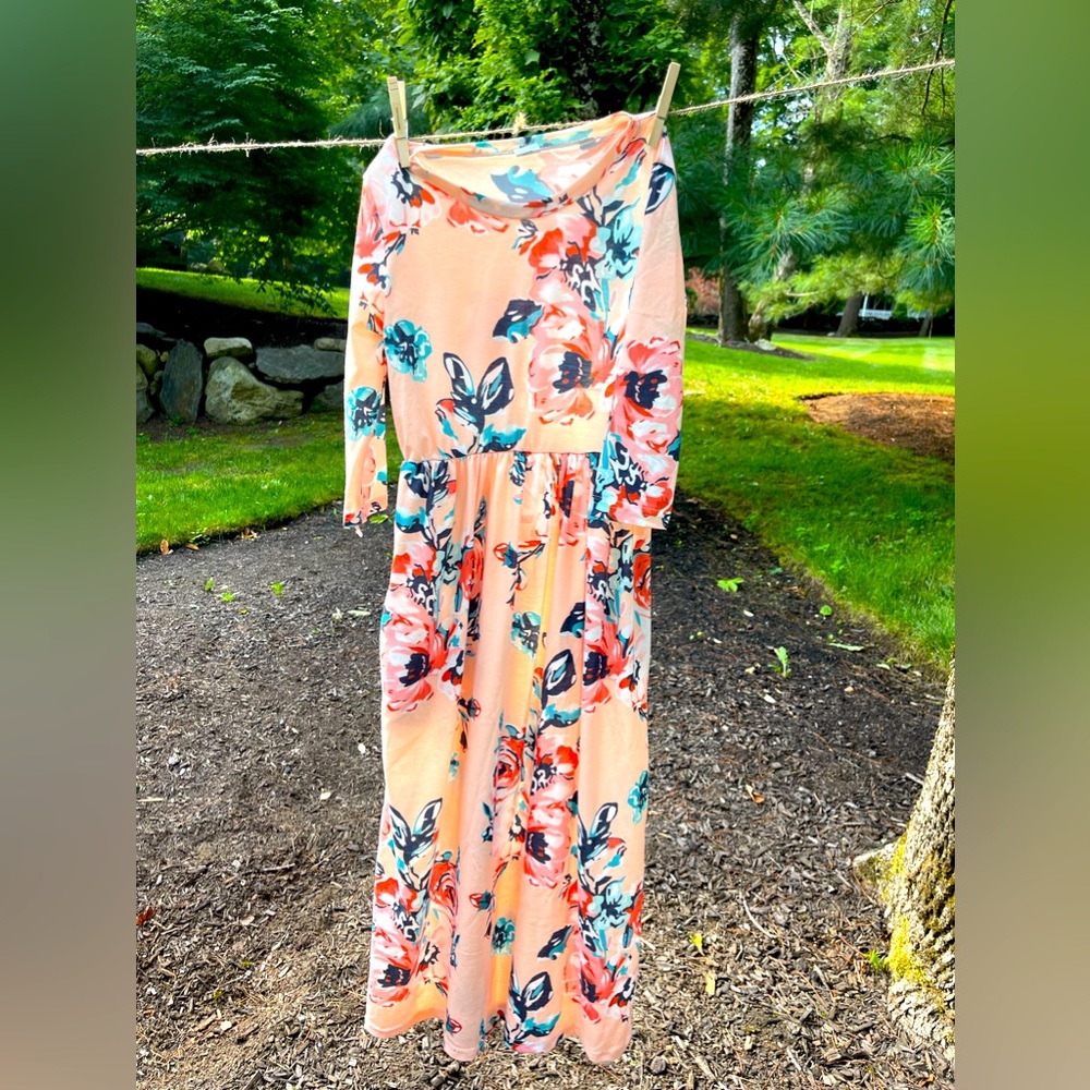 21KIDS Girls Maxi Dress Floral 3/4 Long Sleeve Dresses with Pockets